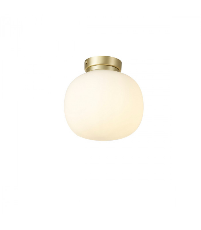 Cheektowaga Small Oval Ball Flush Fitting E27 Satin Gold Base With Frosted White Glass Globe-1