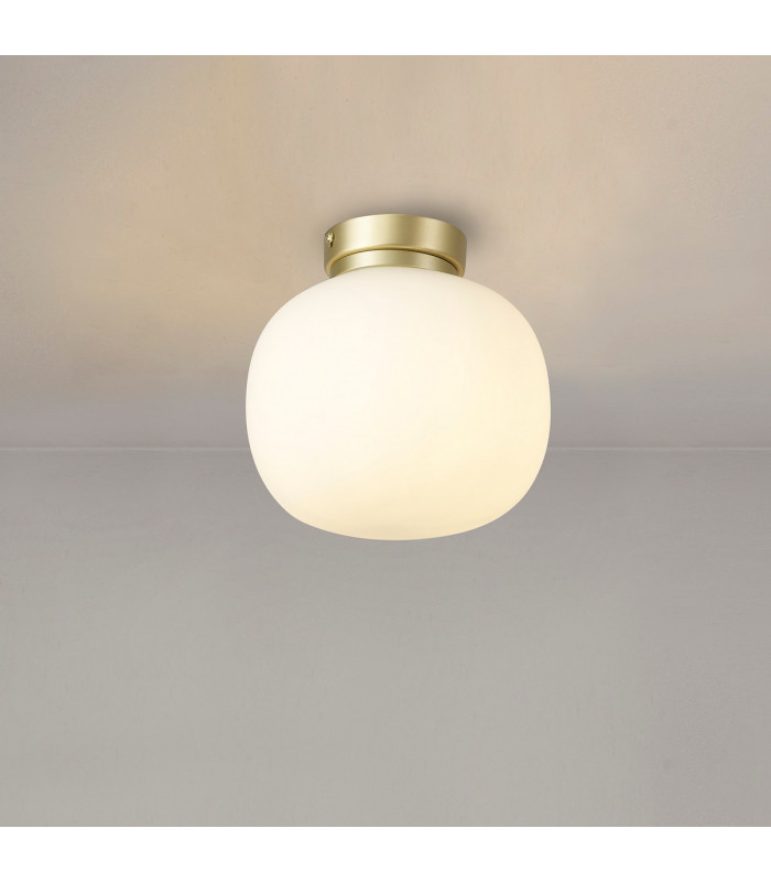 Cheektowaga Small Oval Ball Flush Fitting E27 Satin Gold Base With Frosted White Glass Globe-3