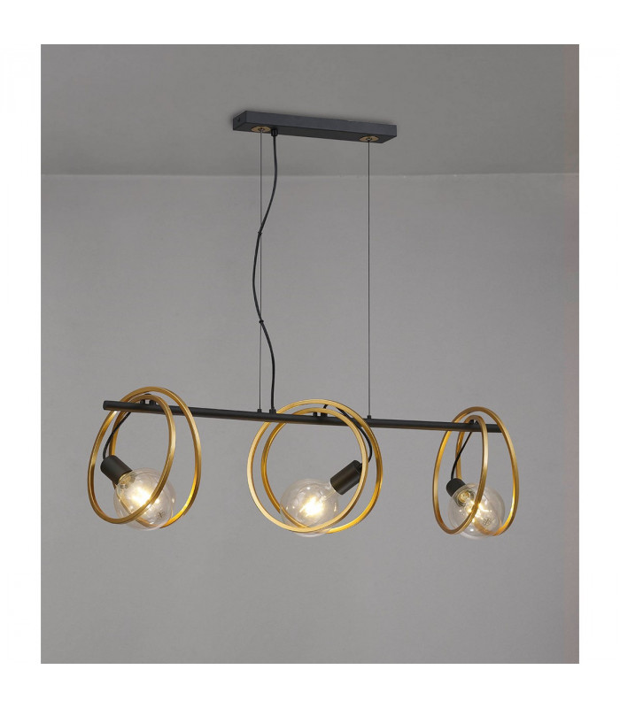 Wales Double Ring Linear Ceiling Pendant 3 Light E27 Matt Black Painted Gold-3