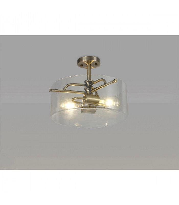 Clarence Semi Flush Ceiling Lamp 2 Light E27 Antique Brass Clear Glass-3