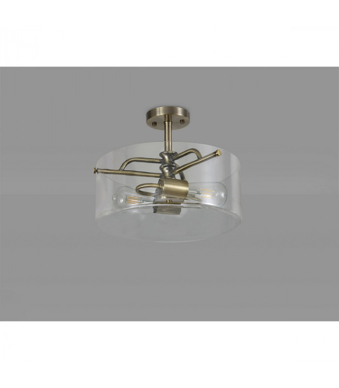 Clarence Semi Flush Ceiling Lamp 2 Light E27 Antique Brass Clear Glass-8