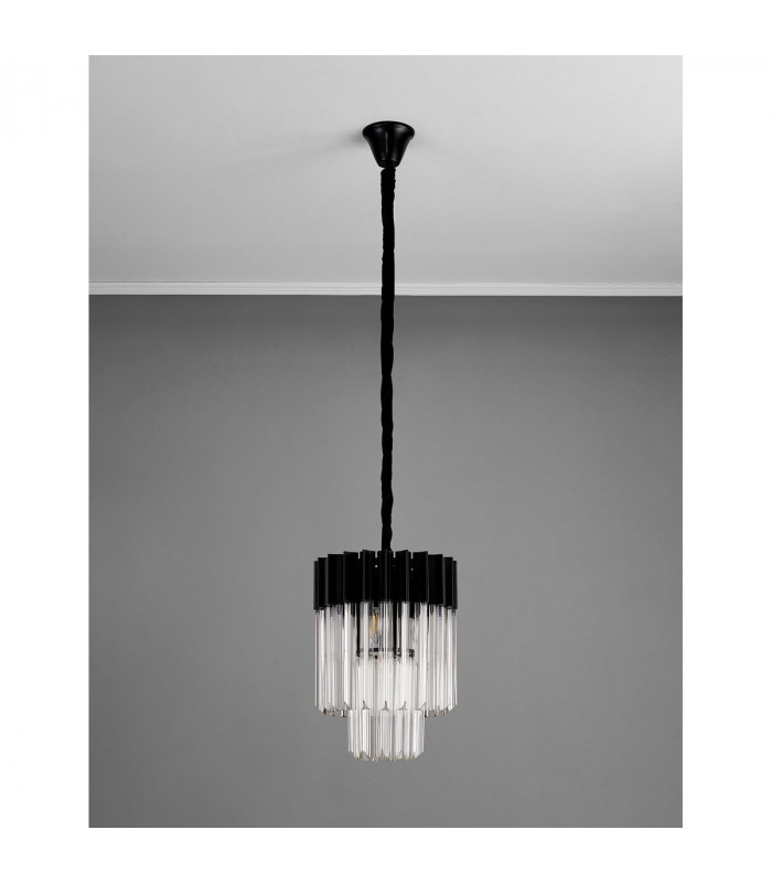 Poland Ceiling Pendant Round 4 Light E14 Matt Black Clear Sculpted Glass-8