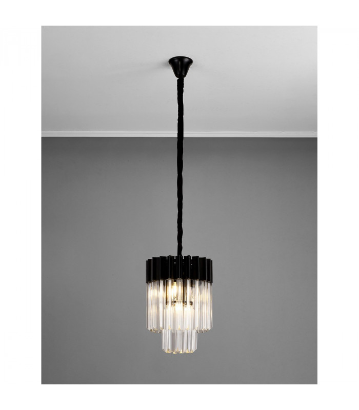 Poland Ceiling Pendant Round 4 Light E14 Matt Black Clear Sculpted Glass-9