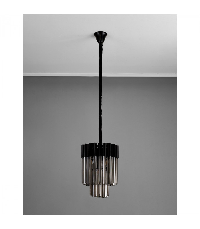 Poland Ceiling Pendant Round 4 Light E14 Matt Black Smoke Sculpted Glass-8