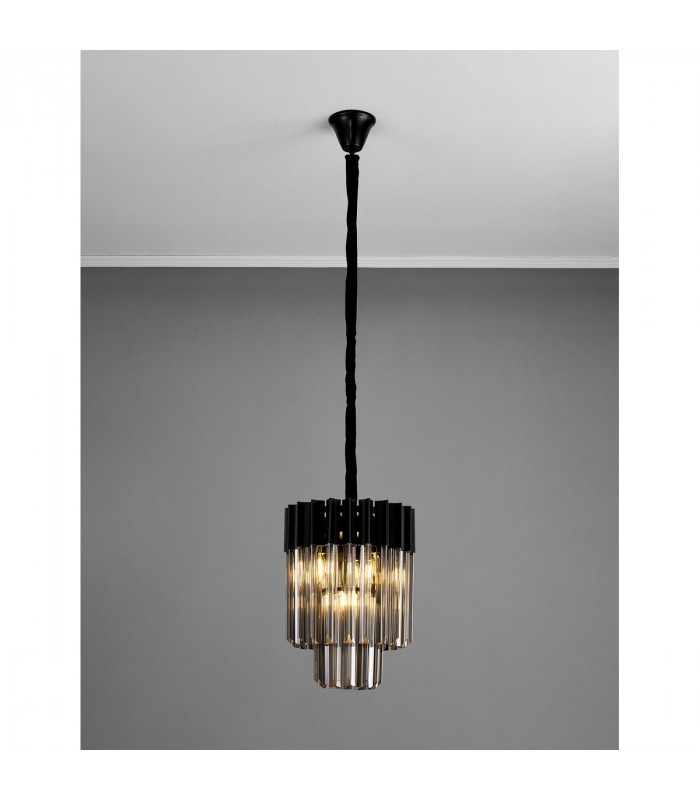 Poland Ceiling Pendant Round 4 Light E14 Matt Black Smoke Sculpted Glass-9