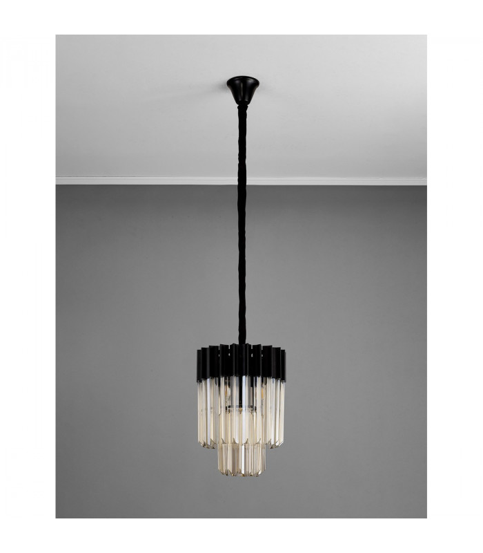 Poland Ceiling Pendant Round 4 Light E14 Matt Black Cognac Sculpted Glass-8