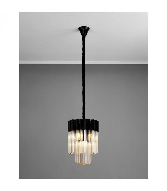 Poland Ceiling Pendant Round 4 Light E14 Matt Black Cognac Sculpted Glass-9