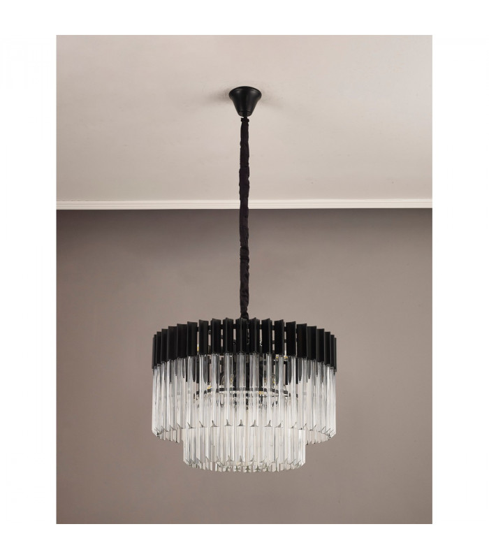 Poland Ceiling Pendant Round 8 Light E14 Matt Black Clear Sculpted Glass Item Weight: 17.3kg-8
