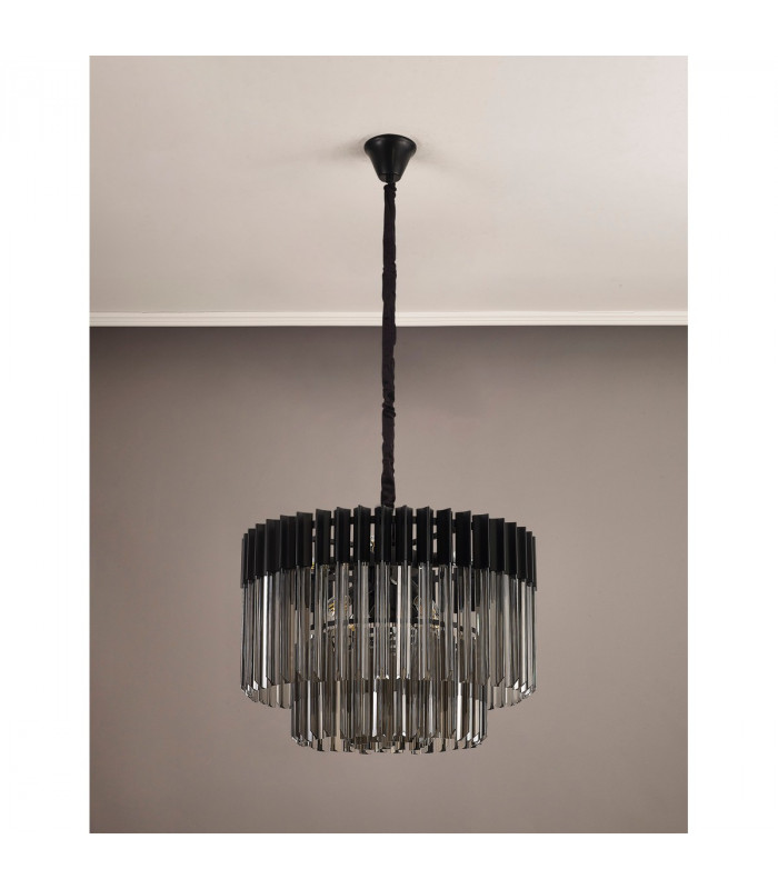 Poland Ceiling Pendant Round 8 Light E14 Matt Black Smoke Sculpted Glass Item Weight: 17.3kg-8