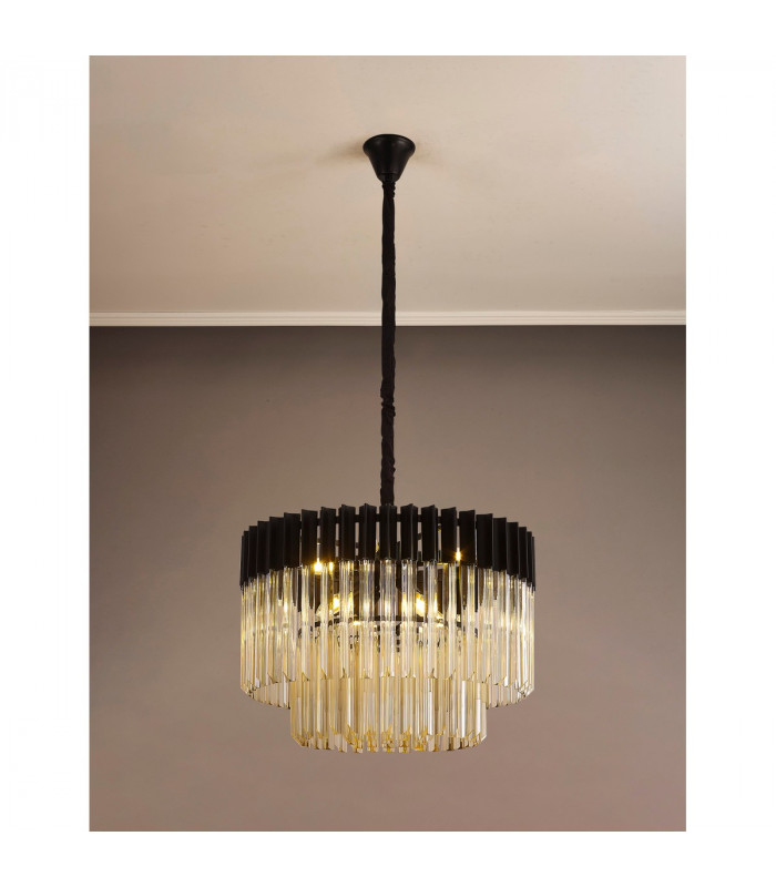 Poland Ceiling Pendant Round 8 Light E14 Matt Black Cognac Sculpted Glass Item Weight: 17.3kg-8