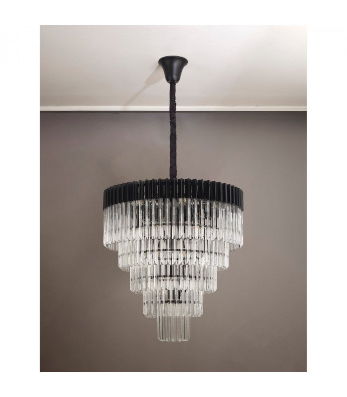 Poland Ceiling Pendant Round 5 Tier 19 Light E14 Matt Black Clear Sculpted Glass Item Weight: 30.2kg-8