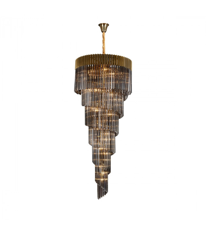 Poland Ceiling Pendant Round 7 Tier 31 Light E14 Brass Smoke Sculpted Glass-1