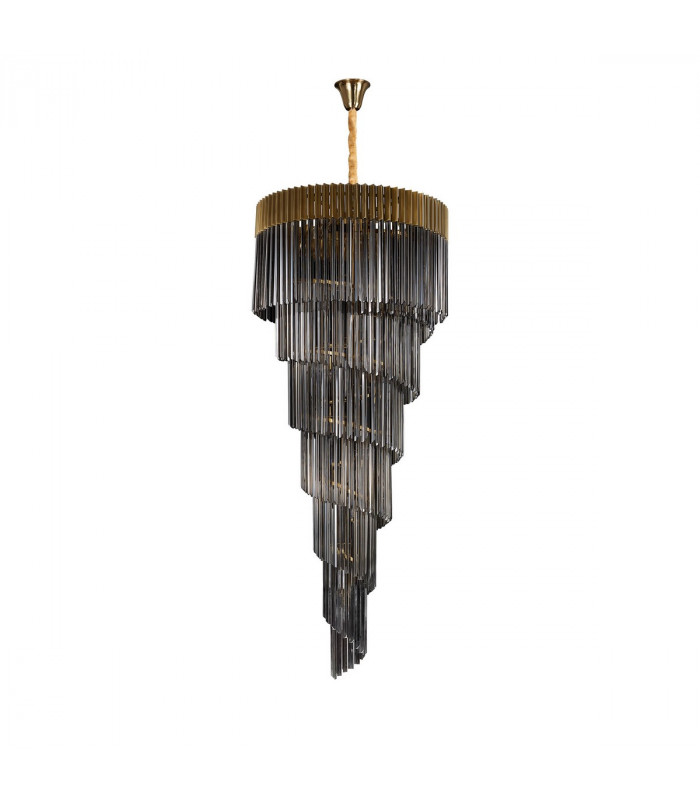 Poland Ceiling Pendant Round 7 Tier 31 Light E14 Brass Smoke Sculpted Glass-4