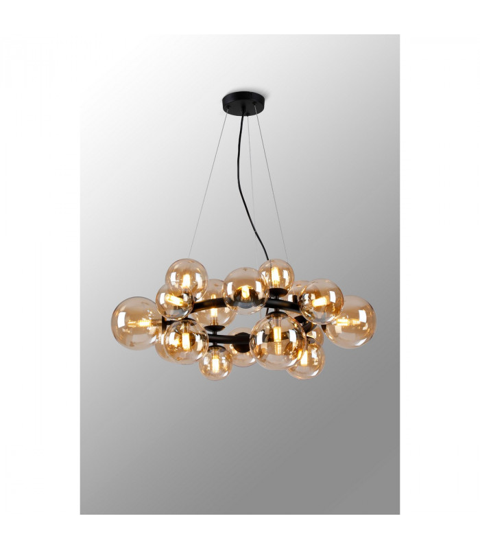 Marshall Circular Ceiling Pendant 16 Light G9 Satin Black Amber Plated Glass-3