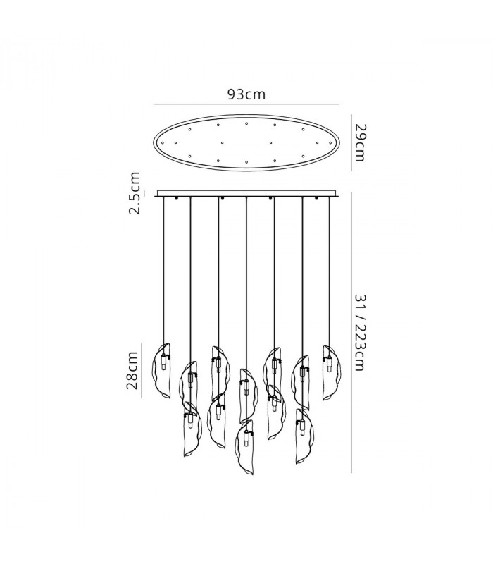 Marilla Oval Ceiling Pendant 2m 12 Light G9 Polished Chrome Clear & Amber & Smoked Glass-2