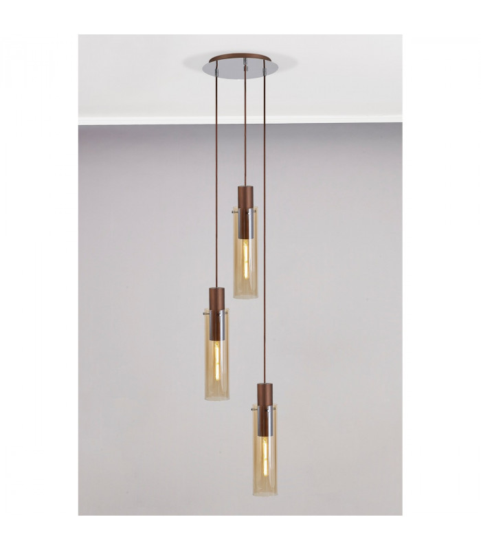 Miami Slim Round Ceiling Pendant 3 Light Adjustable E27 Mocha Amber Glass-3