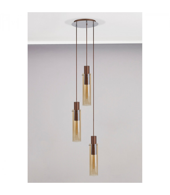 Miami Slim Round Ceiling Pendant 3 Light Adjustable E27 Mocha Amber Glass-7