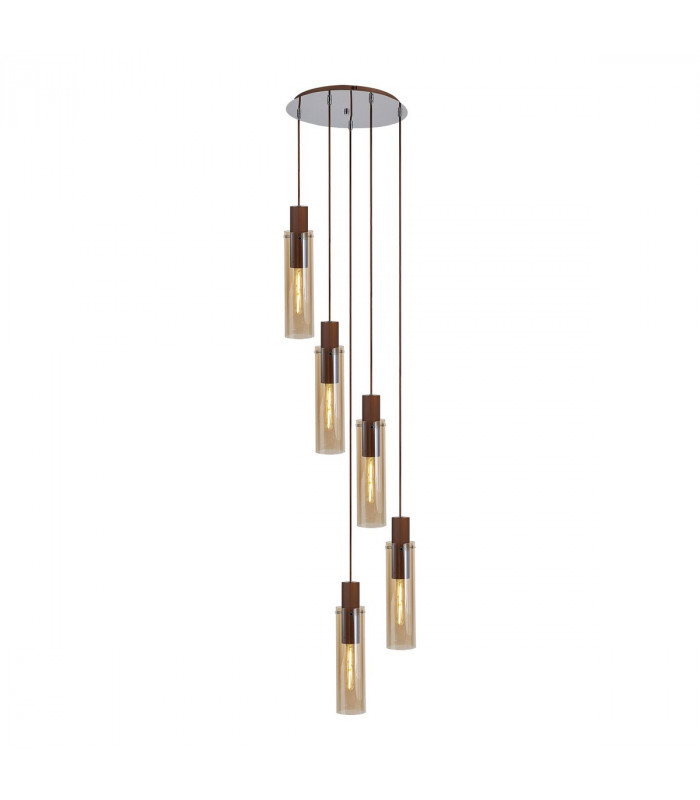 Miami Slim Round Ceiling Pendant 5 Light Adjustable E27 Mocha Amber Glass-1
