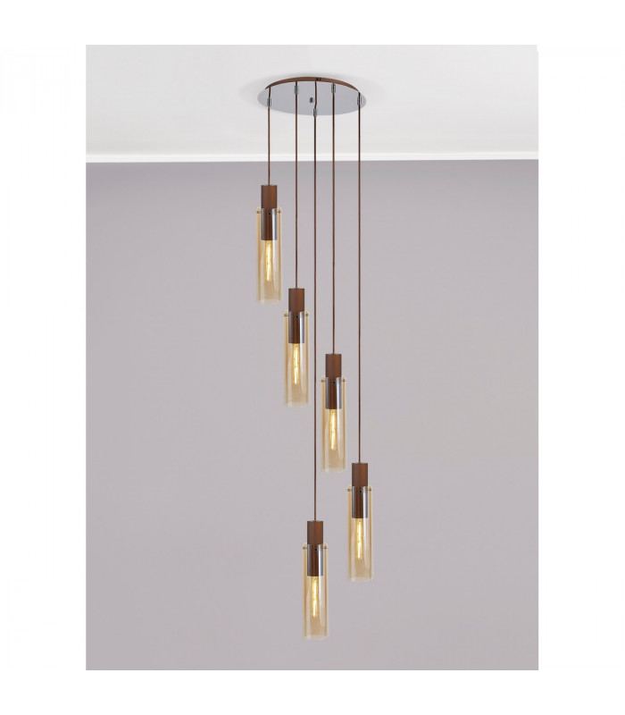 Miami Slim Round Ceiling Pendant 5 Light Adjustable E27 Mocha Amber Glass-3