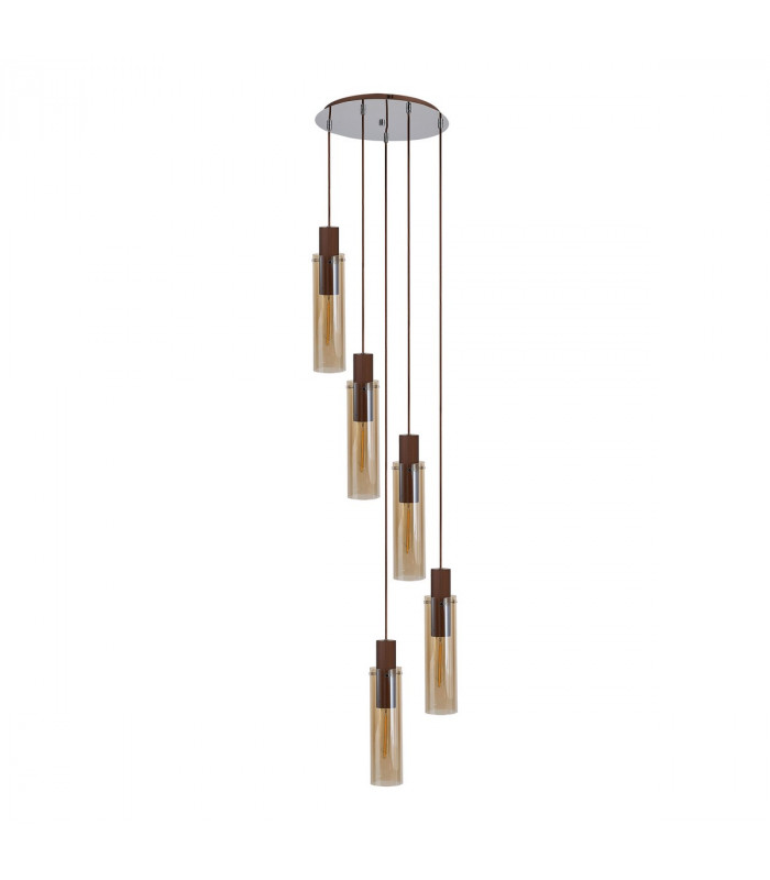 Miami Slim Round Ceiling Pendant 5 Light Adjustable E27 Mocha Amber Glass-4