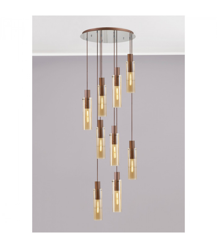 Blake Slim Round Ceiling Pendant 9 Light Adjustable E27 Mocha Amber Glass-3