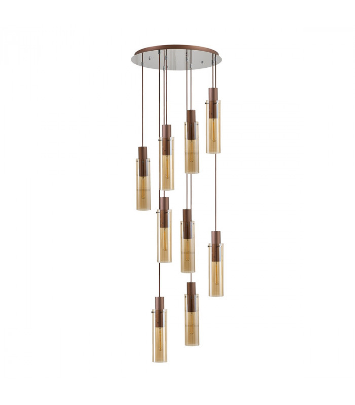 Blake Slim Round Ceiling Pendant 9 Light Adjustable E27 Mocha Amber Glass-4