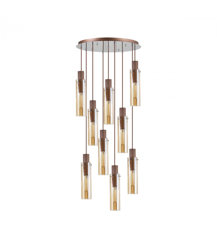 Blake Slim Round Ceiling Pendant 9 Light Adjustable E27 Mocha Amber Glass-10