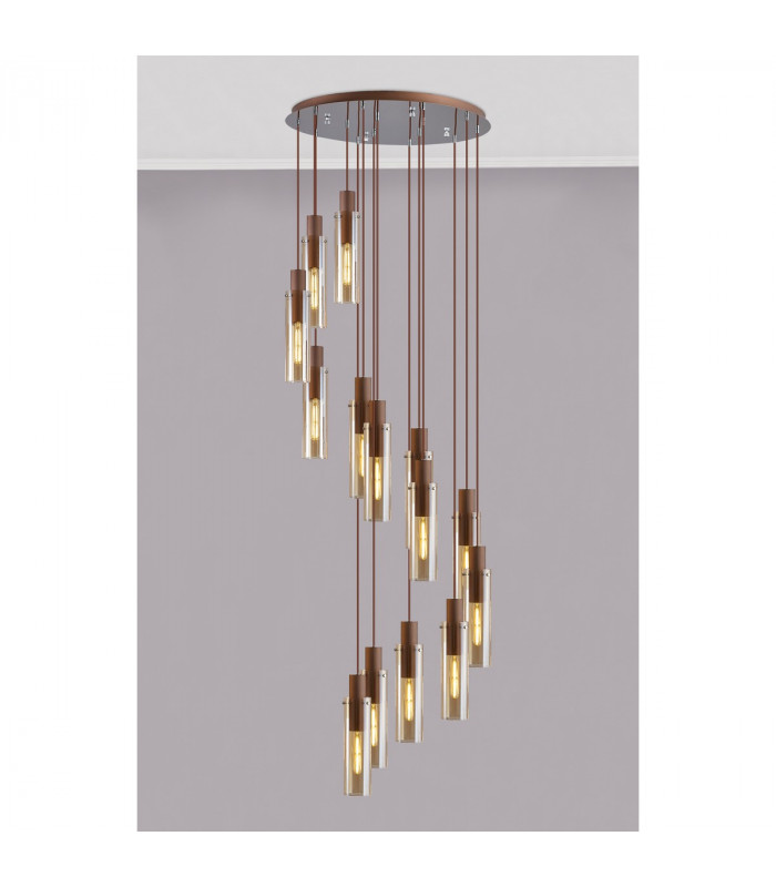 Miami Slim Round Ceiling Pendant 15 Light Adjustable E27 Mocha Amber Glass Item Weight: 25.3kg-3