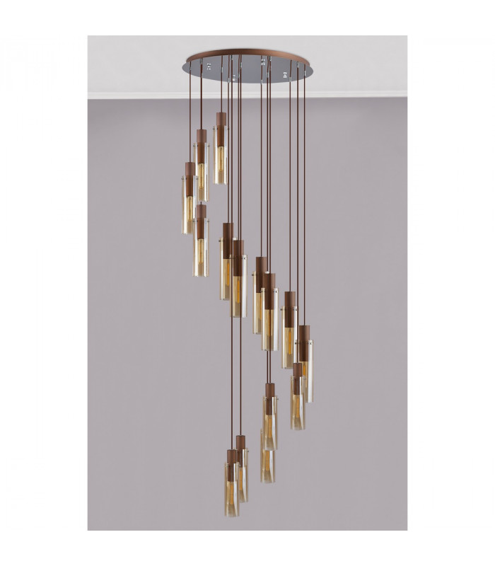 Miami Slim Round Ceiling Pendant 15 Light Adjustable E27 Mocha Amber Glass Item Weight: 25.3kg-10