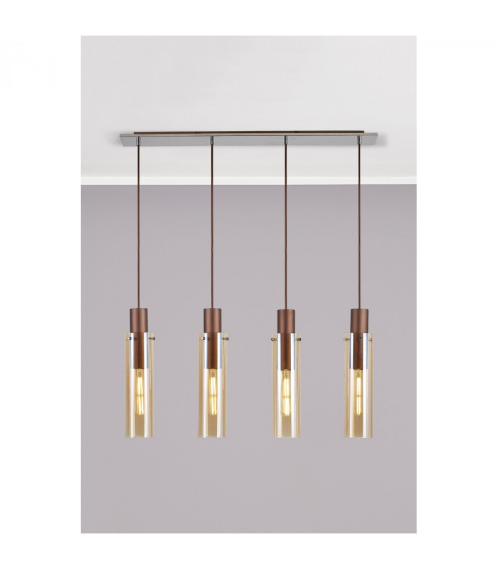 Miami Slim Linear Ceiling Pendant 4 Light Adjustable E27 Mocha Amber Glass-3
