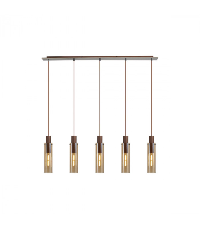 Miami Slim Linear Ceiling Pendant 5 Light Adjustable E27 Mocha Amber Glass-1