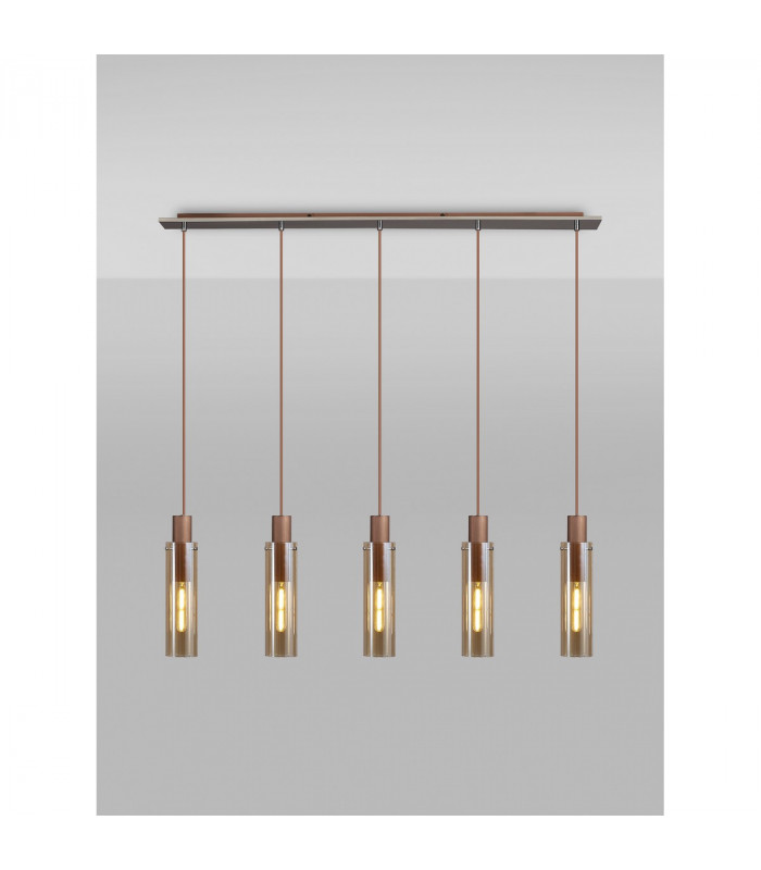 Miami Slim Linear Ceiling Pendant 5 Light Adjustable E27 Mocha Amber Glass-3