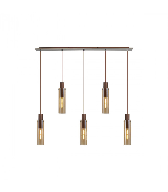 Miami Slim Linear Ceiling Pendant 5 Light Adjustable E27 Mocha Amber Glass-5