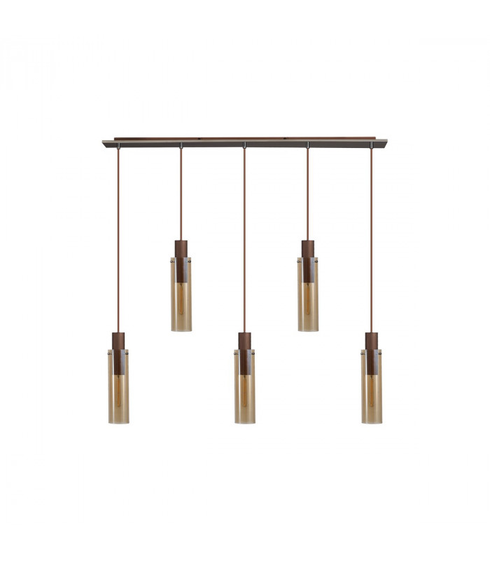 Miami Slim Linear Ceiling Pendant 5 Light Adjustable E27 Mocha Amber Glass-6