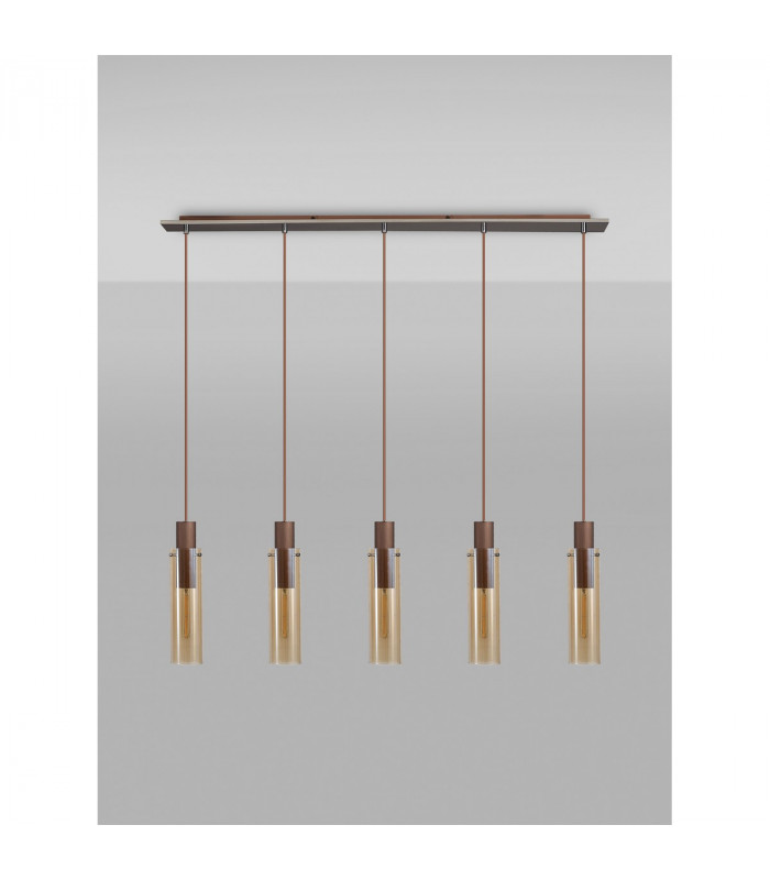 Miami Slim Linear Ceiling Pendant 5 Light Adjustable E27 Mocha Amber Glass-7