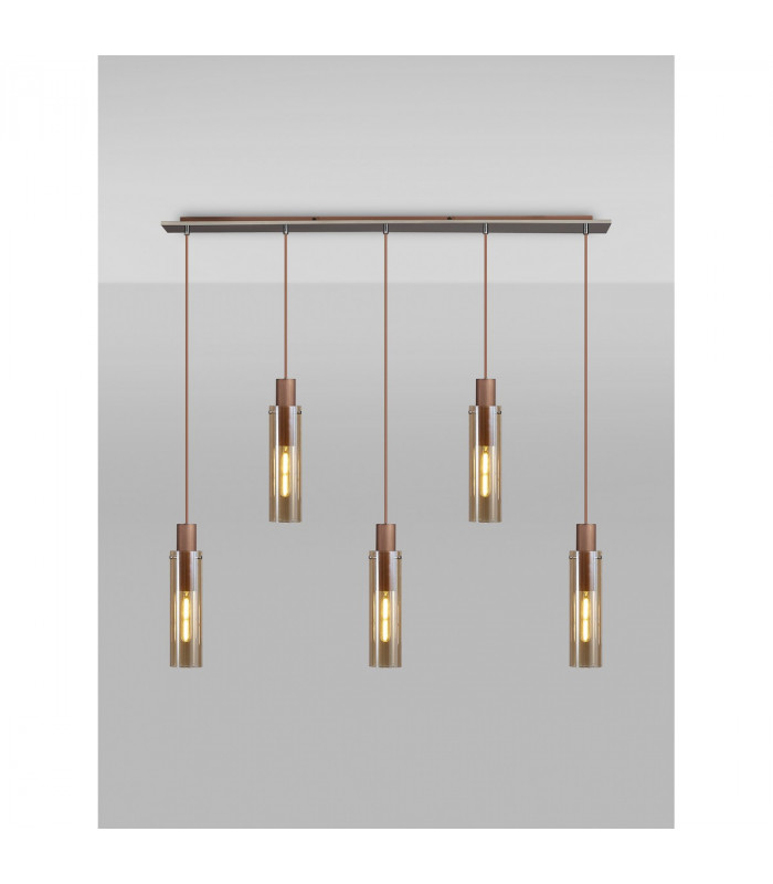 Miami Slim Linear Ceiling Pendant 5 Light Adjustable E27 Mocha Amber Glass-8
