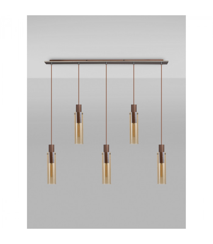 Miami Slim Linear Ceiling Pendant 5 Light Adjustable E27 Mocha Amber Glass-9