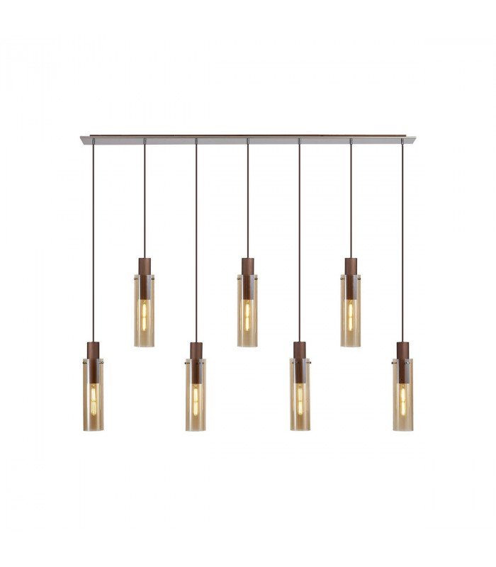Miami Slim Linear Ceiling Pendant 7 Light Adjustable E27 Mocha Amber Glass-5