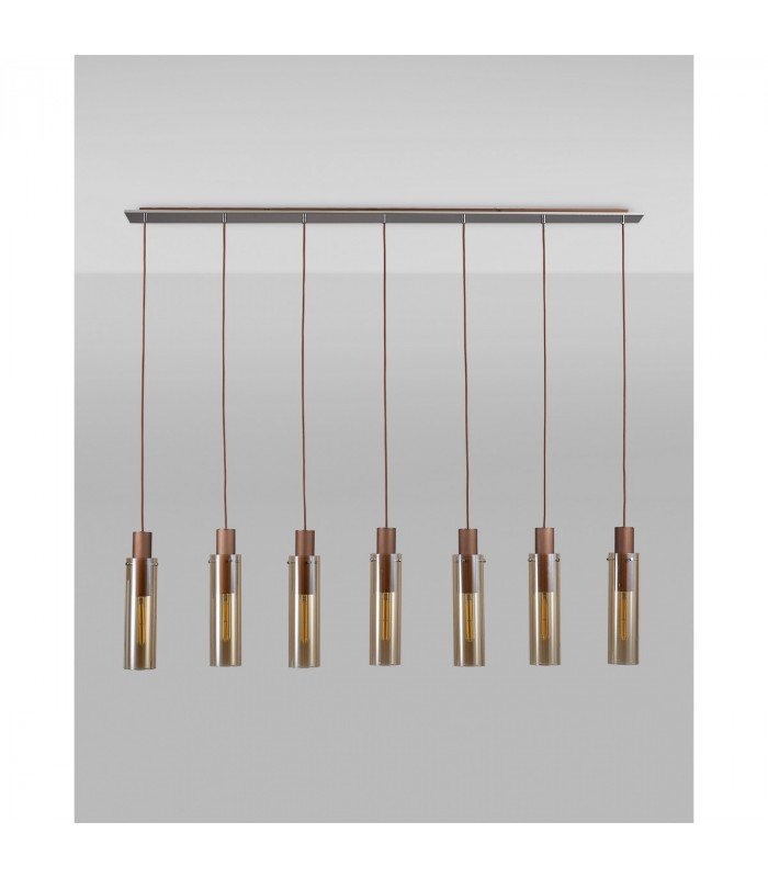 Miami Slim Linear Ceiling Pendant 7 Light Adjustable E27 Mocha Amber Glass-7