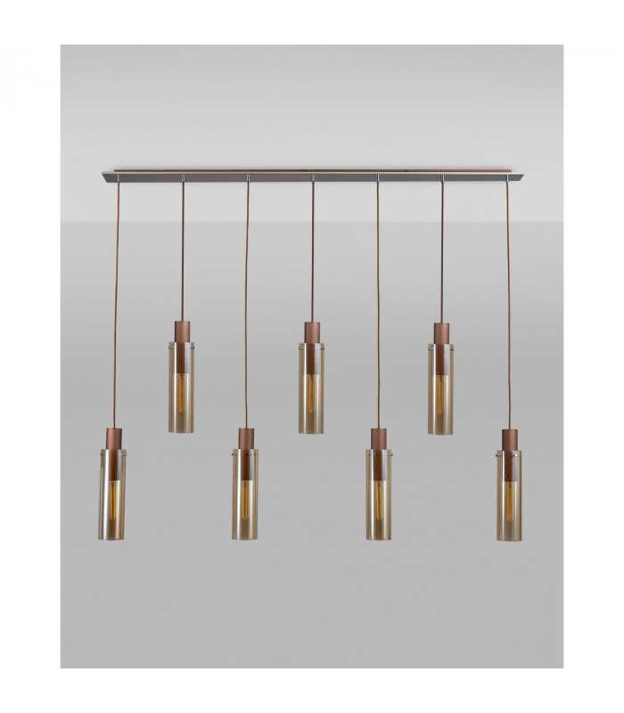 Miami Slim Linear Ceiling Pendant 7 Light Adjustable E27 Mocha Amber Glass-9