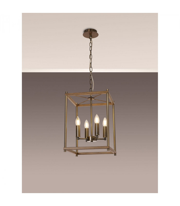 Catskill Ceiling Pendant 4 Light E14 Medium Oak Antique Brass-3