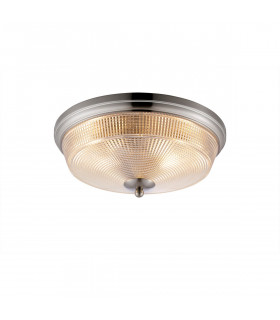 Watson 2 Light E27 Flush Ceiling Lamp IP44 Satin Nickel Prismatic Glass-1