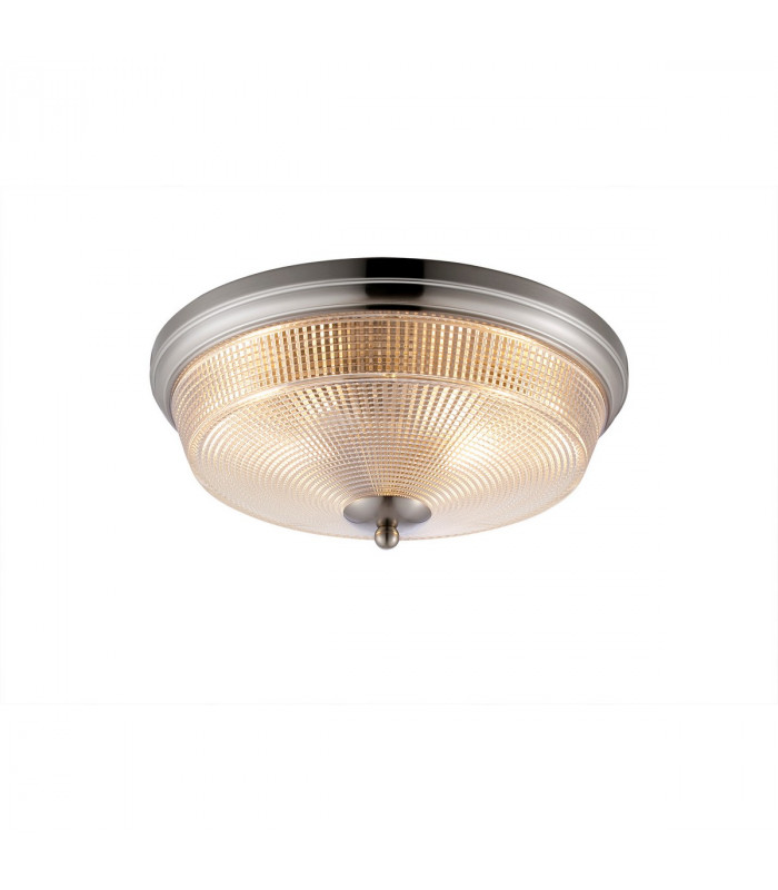 Watson 2 Light E27 Flush Ceiling Lamp IP44 Satin Nickel Prismatic Glass-1