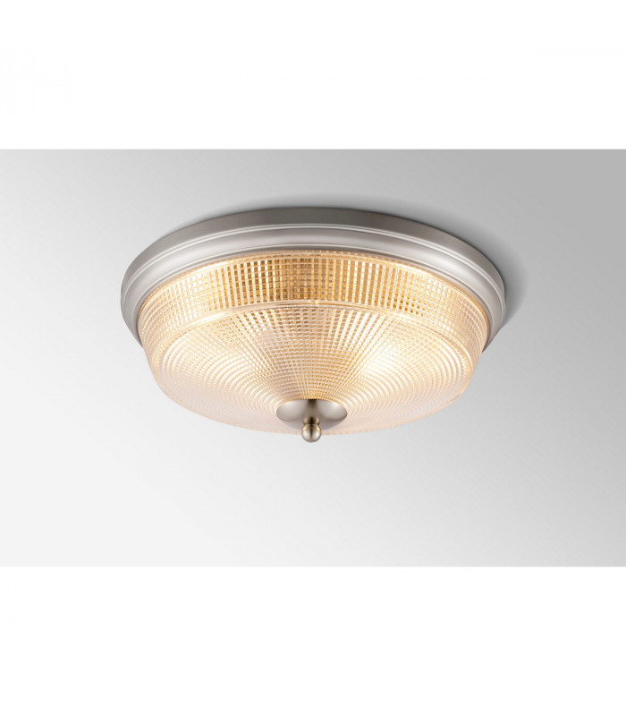 Watson 2 Light E27 Flush Ceiling Lamp IP44 Satin Nickel Prismatic Glass-3