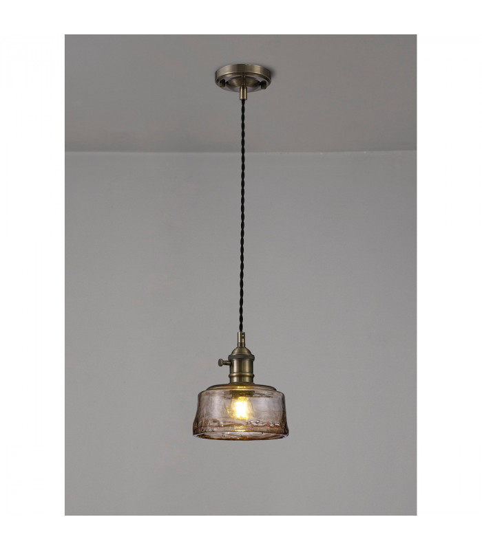 Leyden Switched Ceiling Pendant 1.5m E27 Antique Brass Black Twisted Cable Brown Bowl Glass-3