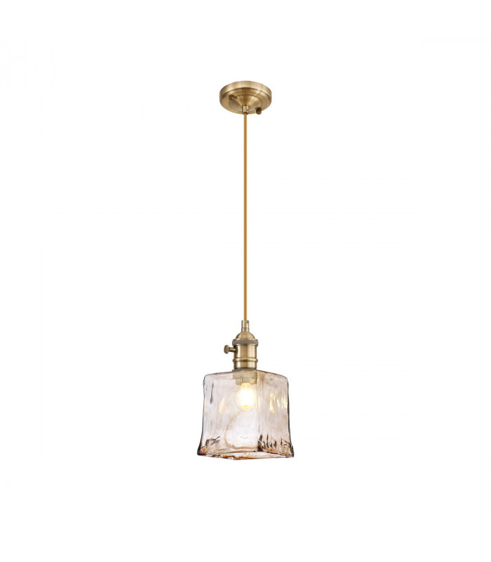 Leyden Switched Ceiling Pendant 1.5m E27 Antique Brass Golden Brown Braided Cable Brown Square Glass-1