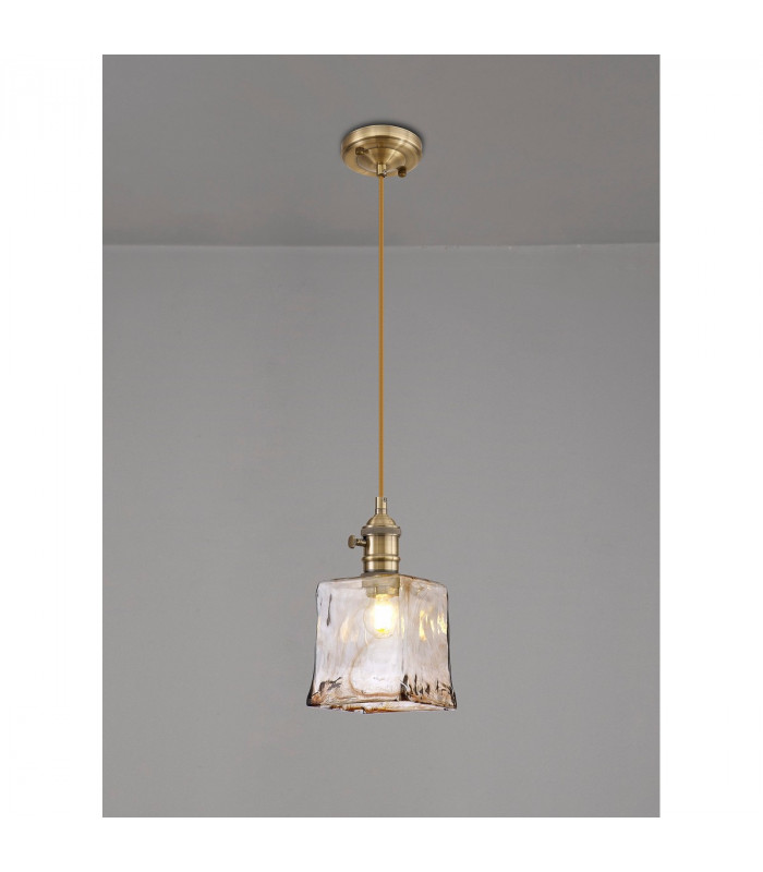 Leyden Switched Ceiling Pendant 1.5m E27 Antique Brass Golden Brown Braided Cable Brown Square Glass-3