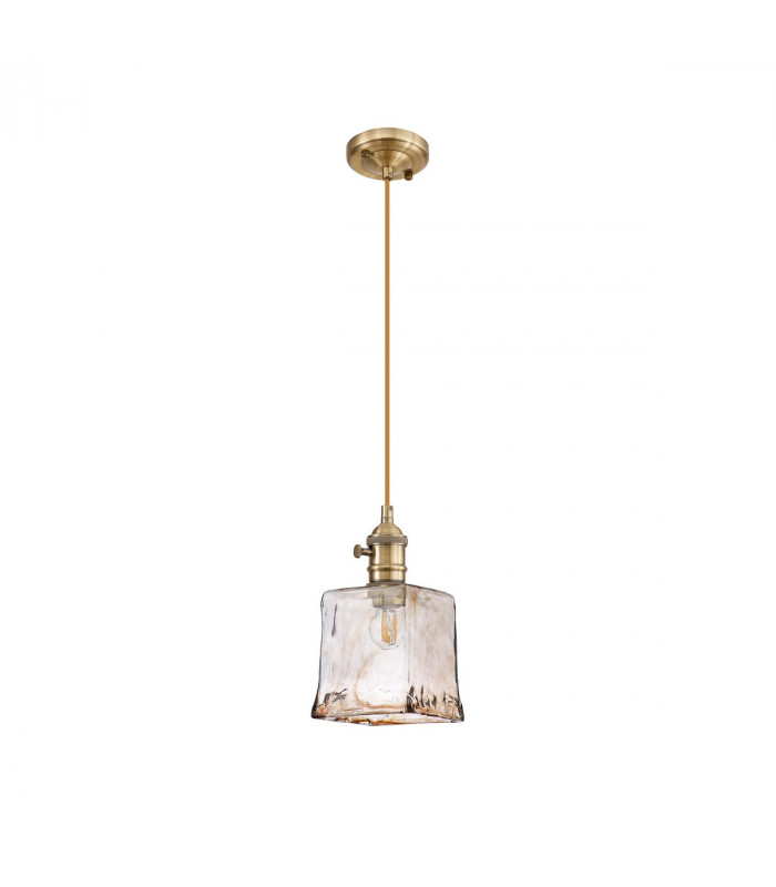 Leyden Switched Ceiling Pendant 1.5m E27 Antique Brass Golden Brown Braided Cable Brown Square Glass-4