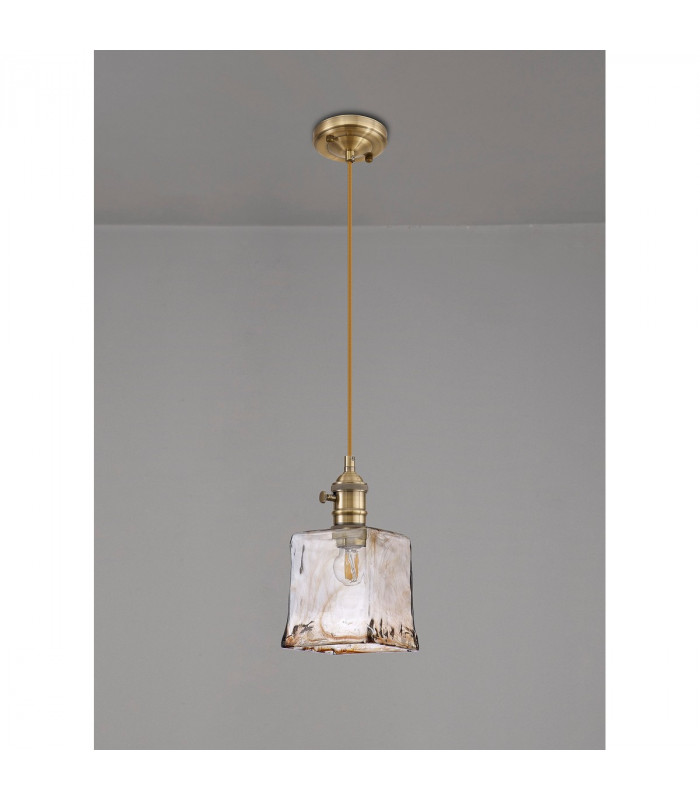 Leyden Switched Ceiling Pendant 1.5m E27 Antique Brass Golden Brown Braided Cable Brown Square Glass-8