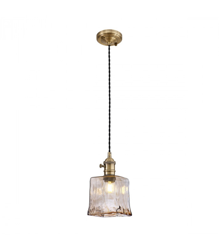 Leyden Switched Ceiling Pendant 1.5m E27 Antique Brass Black Twisted Cable Brown Square Glass-1